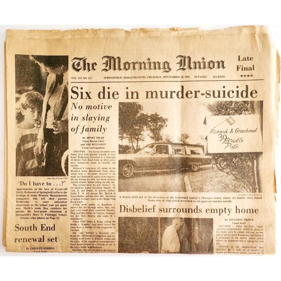 1981 Grochmal Family Murder Suicide Newspaper Morning Union Chicopee Mass DWJJ - Picture 2 of 3